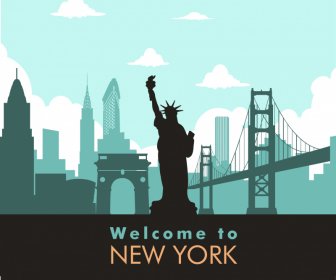 New York City Reklam Afişi Siluet Dönüm Noktası Sembolleri