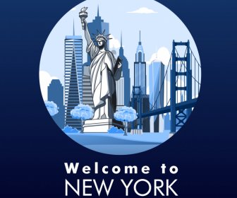Cartel Publicitario De La Ciudad De Nueva York Símbolos Emblemáticos Boceto De Aislamiento
