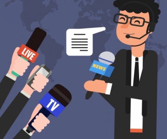 News-Sendung Hintergrund-Reporter Hände Mikrofone Symbole