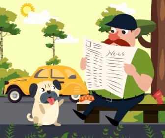 News Theme Man Puppy Icons Colored Cartoon Design