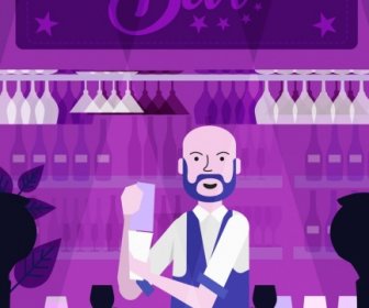 Ночной бар фон темно фиолетовый дизайн бармен иконы