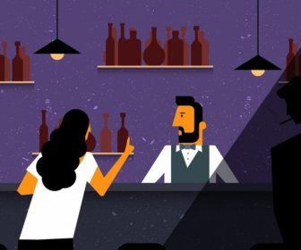 Nacht Bar Barkeeper Gast Symbole Farbige Karikatur Zeichnung