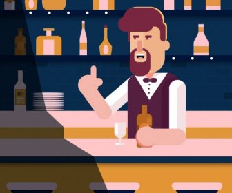 Ночной бар бармен значок цветной мультфильм рисования