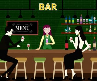 Nacht Bar Gast Barkeeper Symbole Farbige Karikatur Zeichnung