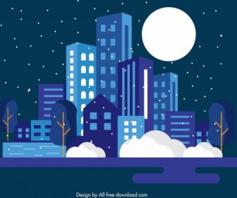 Night City Background Buildings Moonlight Icons Dark Design