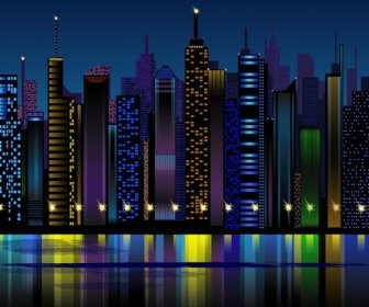 Night City Background Skyscrapers Icons Colorful Reflection Decor