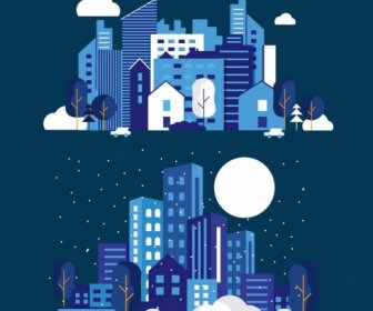 Edifícios De Modelos De Plano De Fundo De Cidade Noite Lua Decoração De ícones