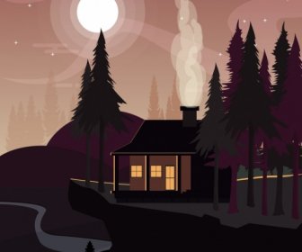 Night Landscape Drawing Moonlight House Trees Icons