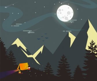 Night Mountain Landscape Drawing Moonlight Tent Icons Decor
