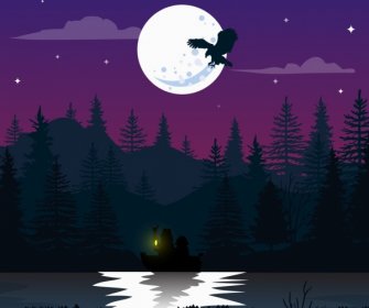 Night Natural Scene Drawing Moonlight Lake Bird Icons