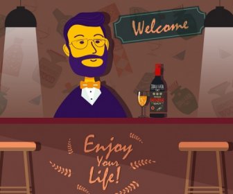 Nightlife Banner Bartender Bar Icons Colored Cartoon Design