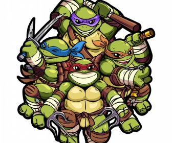 Ninja Turtle Fighters Icon Funny Stylized Cartoon Characters Sketch