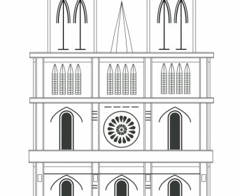 Notre Dame Cathedral Church In Paris Icon Flat Black White Symmetrical Geometry Outline