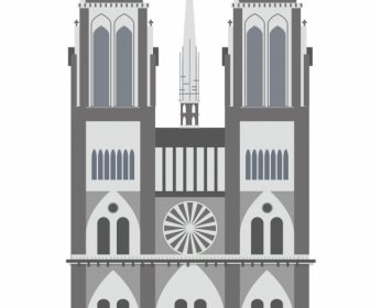 파리의 노트르담 대성당 아이콘 플랫 클래식 대칭 스케치