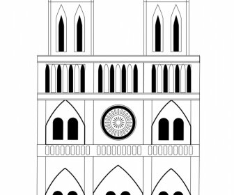 Template Katedral Notre Dame Sketsa Geometris Garis Putih Hitam Simetris Datar