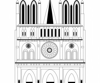 Notre Dame Kathedrale Vorlage Symmetrische Flache Schwarz Weiß Handgezeichnete Umrisse