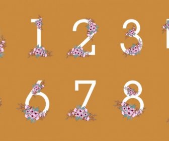 Numberal Icons Design Elements Pink Flowers Decoration
