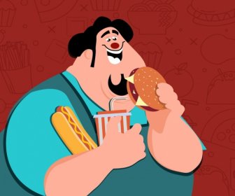 Hombre Obeso Alimentos Fondo Coloreado De Dibujos Animados De Dibujo