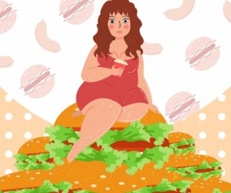 L’obésité Bannière Grosse Femme Alimentation Pile Couleur Dessin Animé