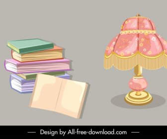Iconos De Objetos Libros Lámpara De Pila Boceto 3d Clásico
