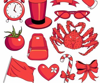 Iconos De Objetos Rojo Boceto Clásico Dibujado A Mano