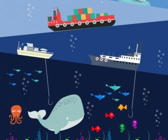 Ozean Aktivitäten Bunte Hintergrundebenen Schiff Fisch-Symbole