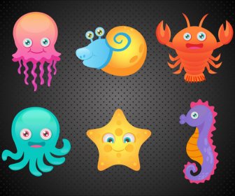 Ocean Animal Icons Collection With Color Illustration