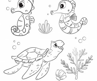 Animali Oceano Icone Seahorse Tartaruga Schizzo Cartone Animato