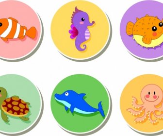 Ocean Animals Icons Various Colored Types Isolation