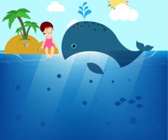 Fundo De Oceano Grande Baleia ícones De Ilha Pequena Garota