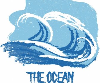 Gelombang Laut Latar Belakang Biru Putih Retro Handdrawn Sketsa