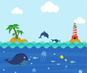Ocean Background Colorful Cartoon Design Playful Dolphin Icons