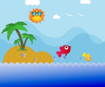 Ocean Background Colorful Tropical Island Icon Cartoon Style
