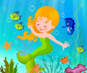 Ocean Background Cute Mermaid Icon Colorful Cartoon Design