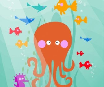 Ocean Background Fish Octopus Seahorse Icons Colored Cartoon