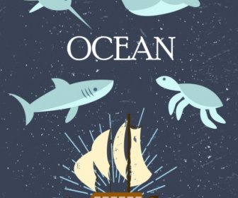 Ocean Background Sea Animals Ship Icons Cartoon Design