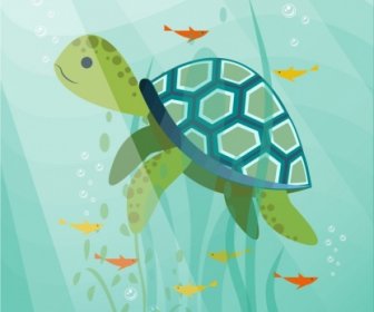 Ocean Background Turtle Fishes Icons Colorful Cartoon