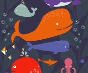 Meer Hintergrund Wal Fisch Tintenfisch Symbol Farbigen Cartoon