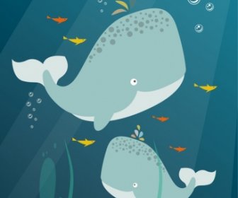 Ocean Background Whales Icons Colorful Cartoon Design