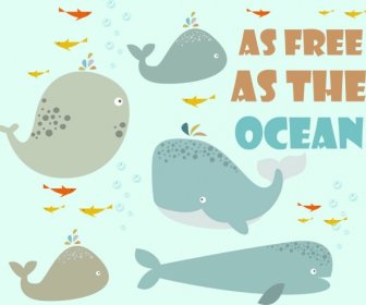 Oceano Fundo Baleias ícones Decoração Estilo Cartoon
