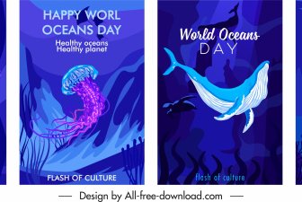Plantillas De Banners Oceánicos Decoración Azul Oscuro Criaturas Marinas