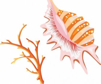 海の生き物アイコン シェル サンゴは明るいデザインをスケッチします。