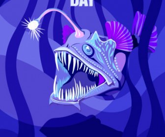 Ocean Day Banner Frightening Odd Fish Sketch