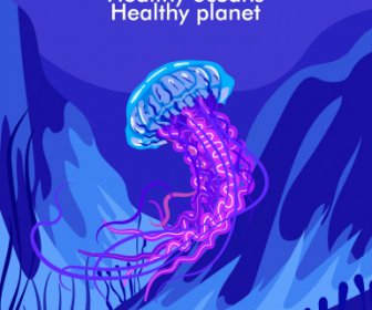 Poster Hari Laut Jelly Fish Sketsa Desain Gelap
