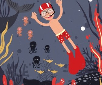 海洋图画快乐浮潜男孩海洋生物