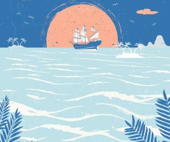 океан, рисование парусная лодка море солнце иконы ретро дизайн