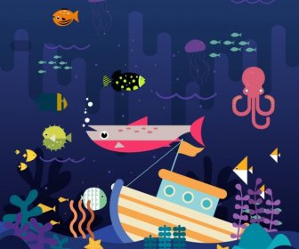 난파 그리기 오션 선박 해양 생물 아이콘