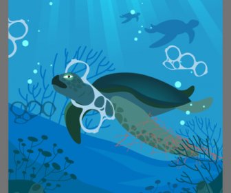 Okyanus çevre Koruma Afiş Kaplumbağalar Plastik Kontaminasyon Kroki