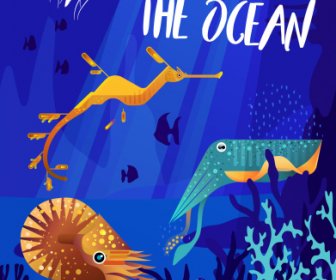 Ocean Poster Template Dynamic Sea Species Flat Design