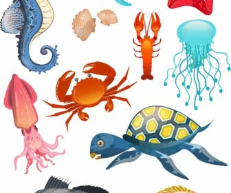 Морские виды дизайна элементов животных разноцветные значки